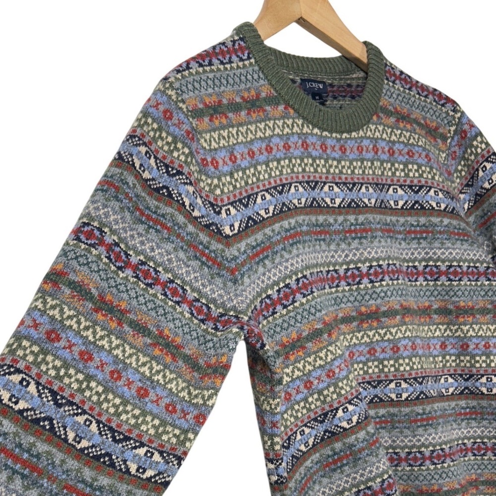 J.Crew Lambs Wool Blend Fair Isle Crewneck Sweater Green Blue Red Men's Size M - Picture 5 of 11